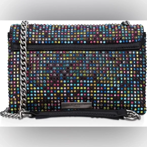 Kurt Geiger London Black Fabric Multicolor Rhinestone Medium Crossbody Bag - Picture 5 of 10